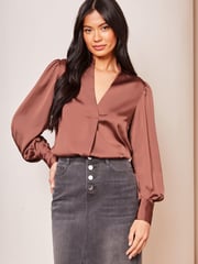 Lipsy Pink Grandad Collar V Neck Puff Sleeves Satin Blouse - Image 4 of 4