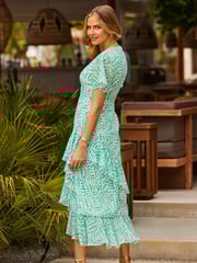 Sosandar Green Petite Abstract Print Layered Hem Angel Sleeve Maxi Dress - Image 2 of 5