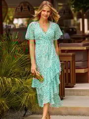 Sosandar Green Petite Abstract Print Layered Hem Angel Sleeve Maxi Dress - Image 3 of 5