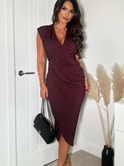 AX Paris Purple Plum Wrap Draped Midi Dress - Image 1 of 4