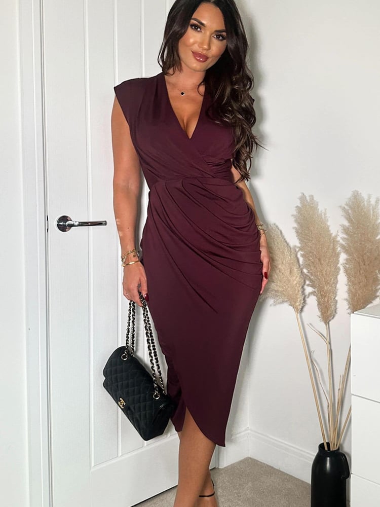 AX Paris Purple Plum Wrap Draped Midi Dress - Image 1 of 4