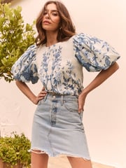 Lipsy Blue Puff Sleeve Linen Blouse - Image 1 of 4