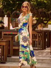 Sosandar Green Ruched Tie Shoulder Printed Dress - Image 2 of 5