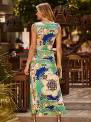 Sosandar Green Ruched Tie Shoulder Printed Dress - Image 3 of 5