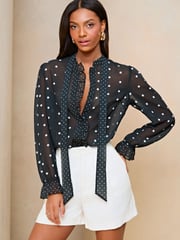 Lipsy Black White Polka Dot Sheer High Neck Ruffle Blouse - Image 1 of 4