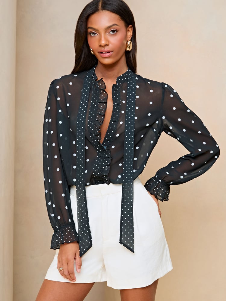 Lipsy Black White Polka Dot Sheer High Neck Ruffle Blouse - Image 1 of 4 Lipsy Black White Polka Dot Sheer High Neck Ruffle Blouse - Image 1 of 4