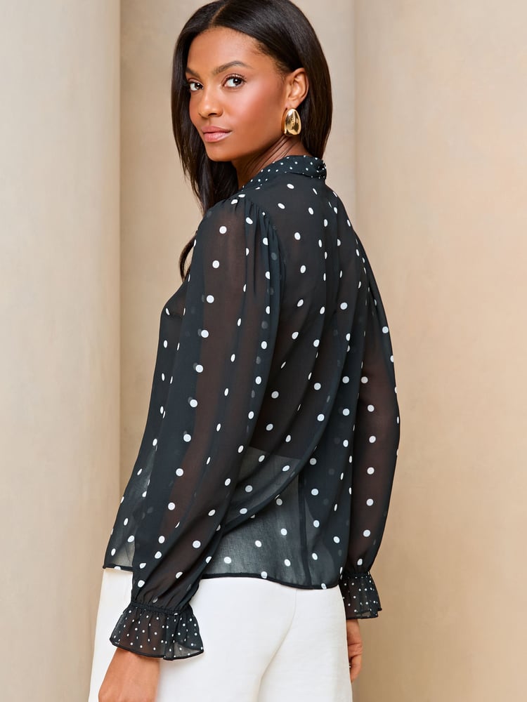 Lipsy Black White Polka Dot Sheer High Neck Ruffle Blouse - Image 2 of 4 Lipsy Black White Polka Dot Sheer High Neck Ruffle Blouse - Image 2 of 4