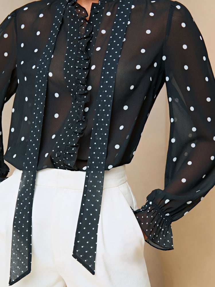 Lipsy Black White Polka Dot Sheer High Neck Ruffle Blouse - Image 4 of 4 Lipsy Black White Polka Dot Sheer High Neck Ruffle Blouse - Image 4 of 4