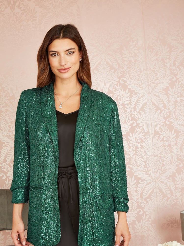 Yumi Dark Green Sequin Blazer With Pockets - Image 1 of 5