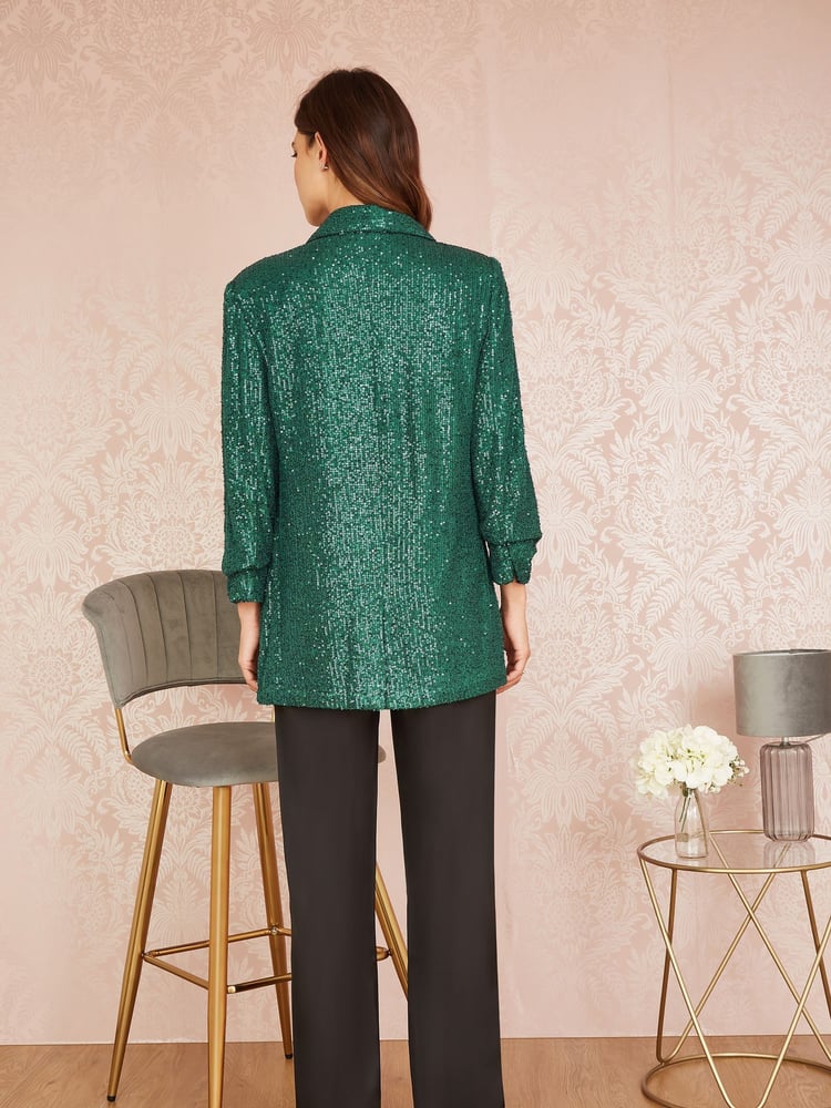 Yumi Dark Green Sequin Blazer With Pockets - Image 2 of 5