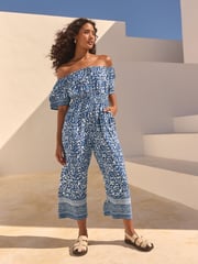 Blue/White Off Shoulder Wide Leg Jumpsuit - Image 1 of 7