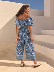 Blue/White Off Shoulder Wide Leg Jumpsuit - Image 2 of 7
