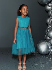 Teal Green Mesh Tie Back Party Dress (3-16yrs) - Image 1 of 6