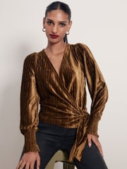 Gold Velvet Long Sleeve Wrap Top - Image 1 of 6