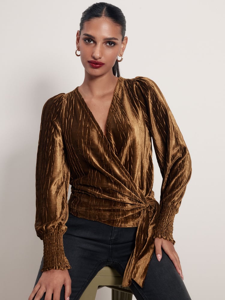 Gold Velvet Long Sleeve Wrap Top - Image 1 of 6