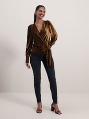 Gold Velvet Long Sleeve Wrap Top - Image 2 of 6