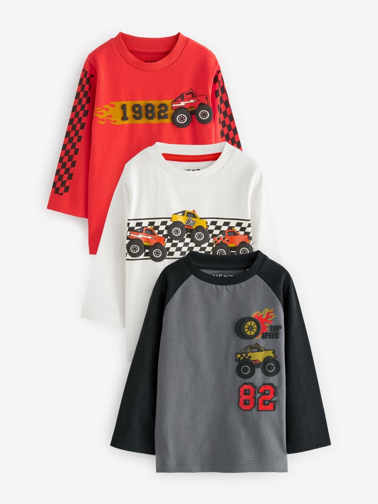 Black/White/Red Long Sleeve Transport T-Shirts 3 Pack (3mths-7yrs) - Image 1 of 9