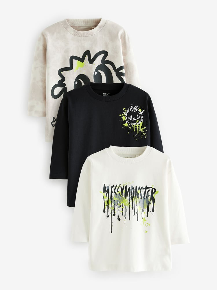 Monochrome Monsters 100% Cotton Long Sleeve T-Shirts 3 Pack (3mths-7yrs) - Image 1 of 1