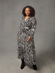 Live Unlimited Black/White Curve Linear Print Shirt Dress - Image 1 of 5
