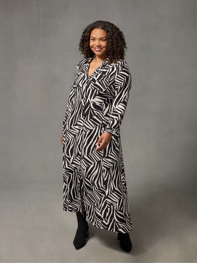 Live Unlimited Black/White Curve Linear Print Shirt Dress - Image 1 of 5