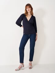 Crew Clothing Company Dark Blue 3/4 Sleeve Wrap Top - Image 1 of 5