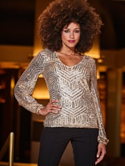 Sosandar Gold Geometric Sequin Blouson Sleeve Top - Image 1 of 5