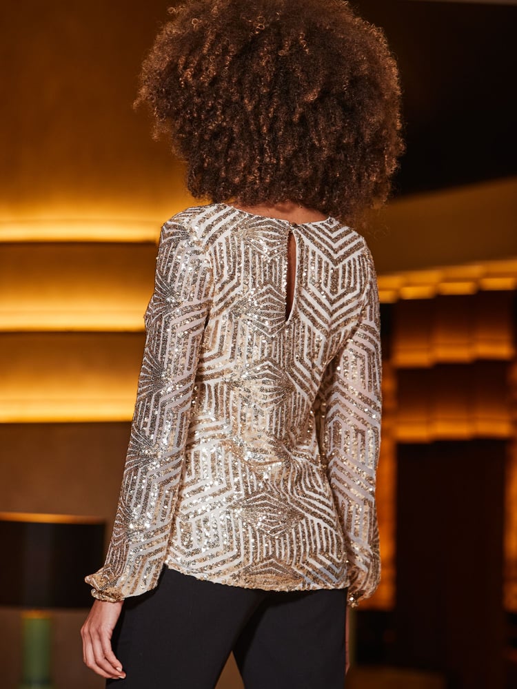Sosandar Gold Geometric Sequin Blouson Sleeve Top - Image 2 of 5