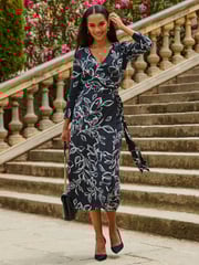 Sosandar Black Floral Wrap Front Midi Wrap Dress - Image 1 of 5