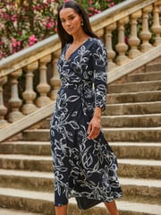 Sosandar Black Floral Wrap Front Midi Wrap Dress - Image 3 of 5
