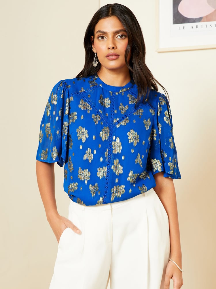 Love & Roses Cobalt Blue Petite Metallic High Neck Flutter Sleeves Top - Image 1 of 4