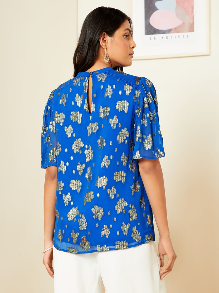 Love & Roses Cobalt Blue Petite Metallic High Neck Flutter Sleeves Top - Image 2 of 4