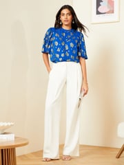 Love & Roses Cobalt Blue Petite Metallic High Neck Flutter Sleeves Top - Image 3 of 4