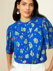 Love & Roses Cobalt Blue Petite Metallic High Neck Flutter Sleeves Top - Image 4 of 4