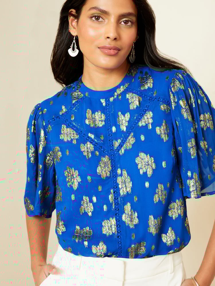 Love & Roses Cobalt Blue Petite Metallic High Neck Flutter Sleeves Top - Image 4 of 4