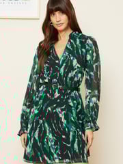 Love & Roses Textured Green Chiffon V Neck Elasticated Sleeve Belted Mini Dress - Image 1 of 4