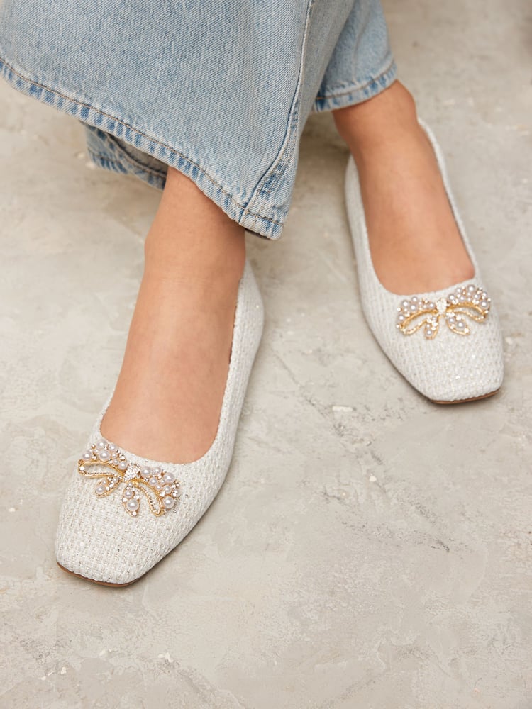 White Forever Comfort® Square Toe Bow Trim Ballerinas - Image 1 of 7