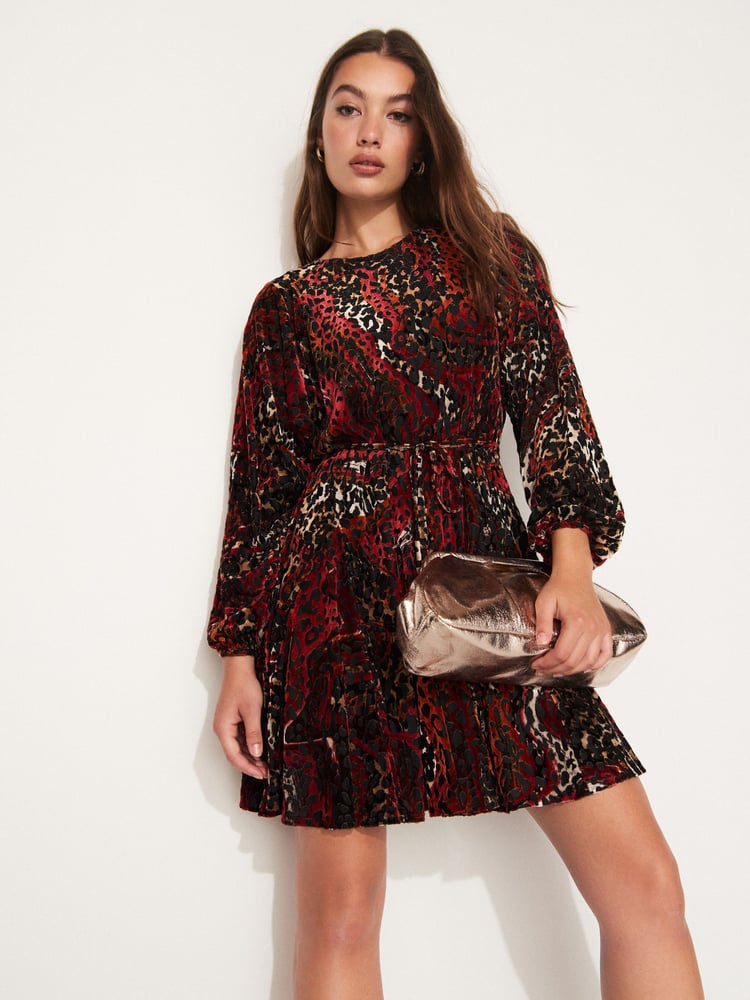 Red Devoree Long Sleeve Belted Sequin Mini Dress - Image 1 of 6