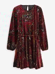 Red Devoree Long Sleeve Belted Sequin Mini Dress - Image 5 of 6