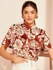 Friends Like These Red Floral Printed Flutter Sleeve Keyhole Blouse - Image 1 of 4