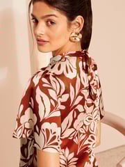Friends Like These Red Floral Printed Flutter Sleeve Keyhole Blouse - Image 2 of 4