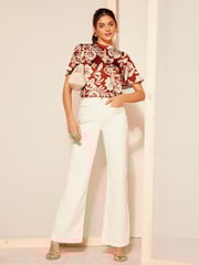 Friends Like These Red Floral Printed Flutter Sleeve Keyhole Blouse - Image 3 of 4