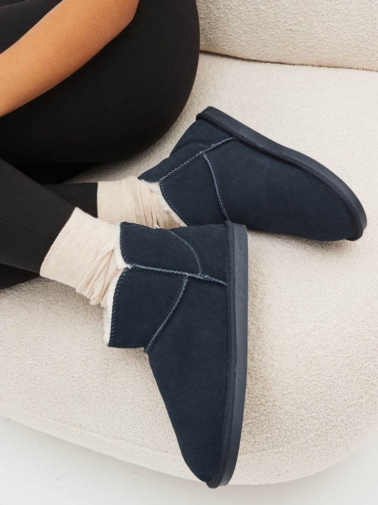 Navy Blue Faux Fur Lined Suede Slipper Boots - Image 1 of 7 Navy Blue Faux Fur Lined Suede Slipper Boots - Image 1 of 7