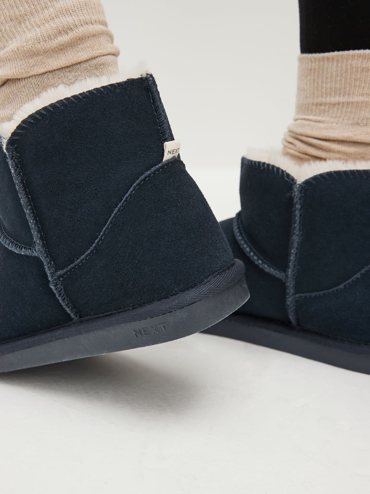 Navy Blue Faux Fur Lined Suede Slipper Boots - Image 2 of 7 Navy Blue Faux Fur Lined Suede Slipper Boots - Image 2 of 7