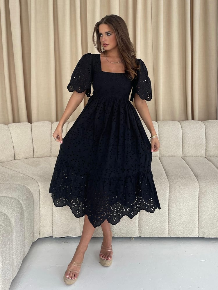 Girl In Mind Black Aspen Broderie Tiered Midaxi Dress - Image 1 of 4