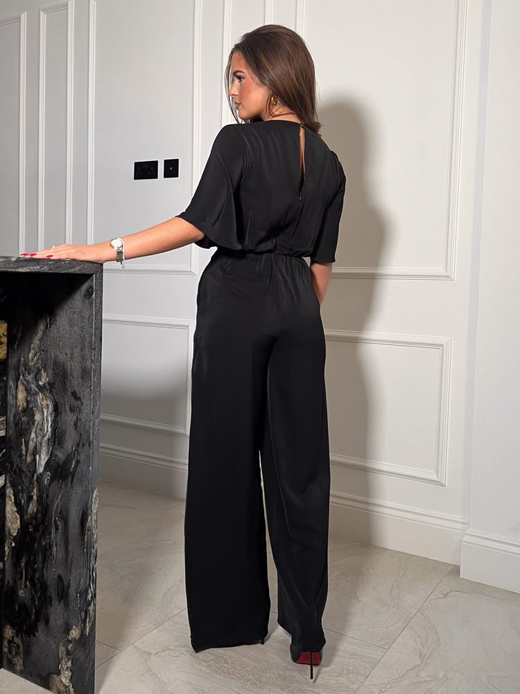 Girl In Mind Black Viola Wrap Tie Detail Wide Leg Jumpsuit - Image 2 of 4