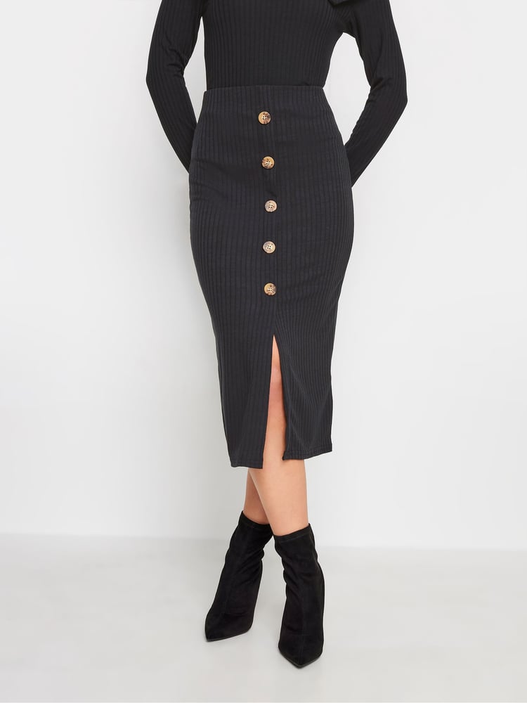 PixieGirl Petite Black Ribbed Button Skirt - Image 1 of 3
