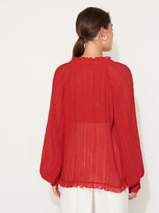 Red Pleated Sparkle Tie  Neck Long Sleeve Blouse - Image 4 of 7