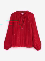 Red Pleated Sparkle Tie  Neck Long Sleeve Blouse - Image 5 of 7