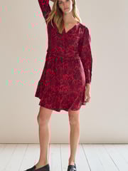 Red Feather Print Long Sleeve Mini V-Neck Dress - Image 2 of 6