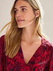 Red Feather Print Long Sleeve Mini V-Neck Dress - Image 4 of 6
